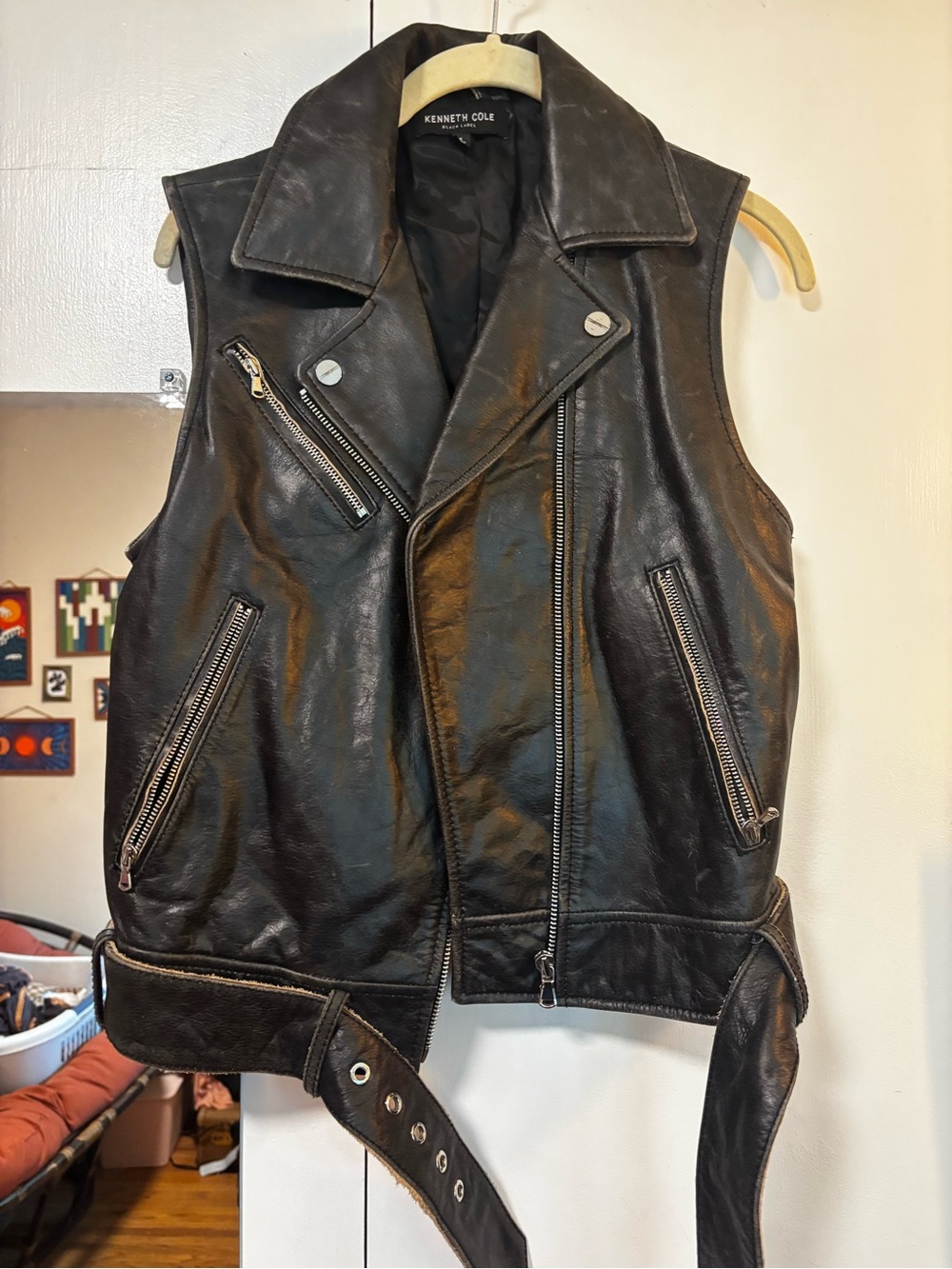 Kenneth Cole Black Leather Moto Vest with Belt